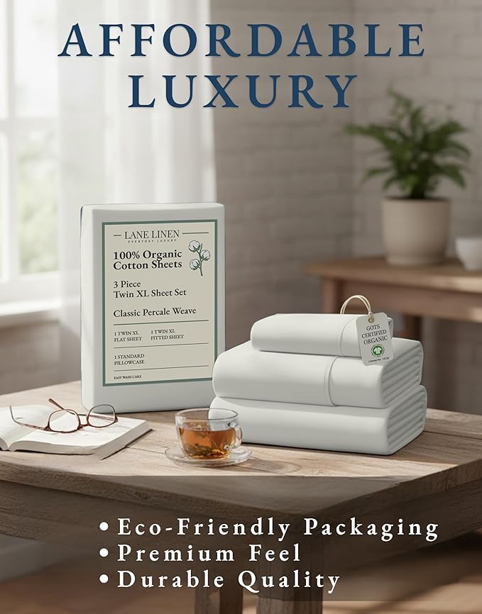 LANE LINEN 100% Organic Cotton Twin XL Sheets Set 3-Piece Pure Percale Soft Bedding Breathable Fits Mattress Upto 15" Deep - Glacier Grey