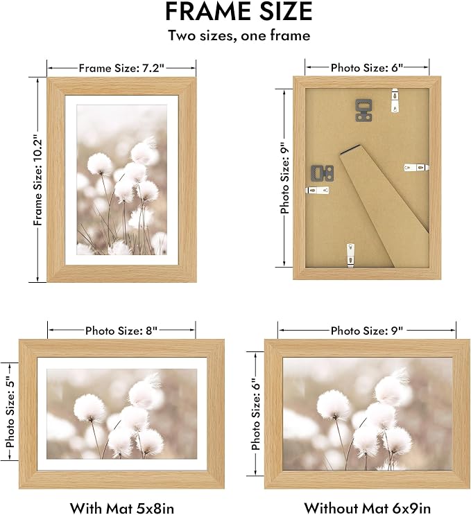 Hongkee 6x9 Oak Wood Picture Frame, Display Photos 5 x 8 with Mat or 6 x 9 without Mat - Tempered Glass Cover, Horizontal and Vertical Display for Wall or Tabletop (Natural Oak, Set of 1)