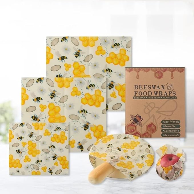 Reusable Beeswax Food Wraps for Fruits, Organic Cotton Beeswax Wrap Set, Zero Waste Eco-Friendly Alternative to Plastic Wrap, BPA-Free, for Fruit, Vegetable, Bowl Cover (3 Pack: S/M/L)
