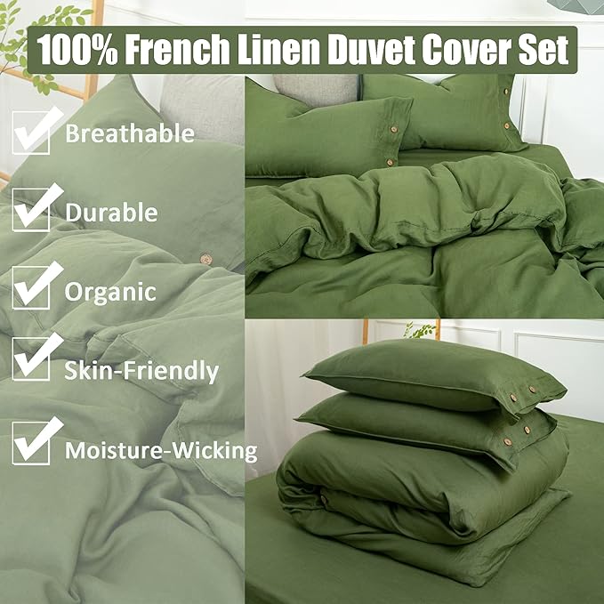 S VICTORY SYMBOL Pure Linen Duvet Cover Set 3pcs,Natural French Washed Flax Solid Color Soft Bedding(1 Duvet Cover and 2 Pillowcases) with Coconut Buttons Closure(Full,Juniper Green)