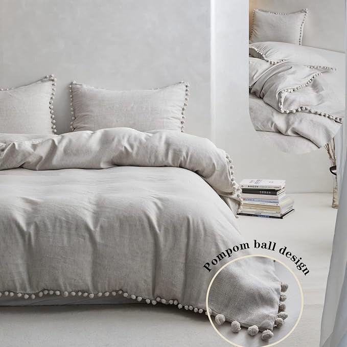 Simple&Opulence French Linen Blended Duvet Cover Queen, Flax Viscose Derived from Bamboo Bedding Set with Pom Pom Trim Soft Cooling for Hot Sleepers, 1 Boho Comforter Cover and 2 Pillow Shams, Linen