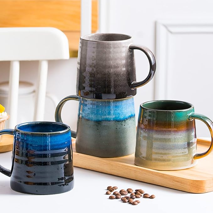 Large Ceramic Coffee Mugs, Handmade Pottery Mug, Tea Cups with Handle for Office and Home, 16 oz, Dishwasher and Microwave Safe (Grey Black)