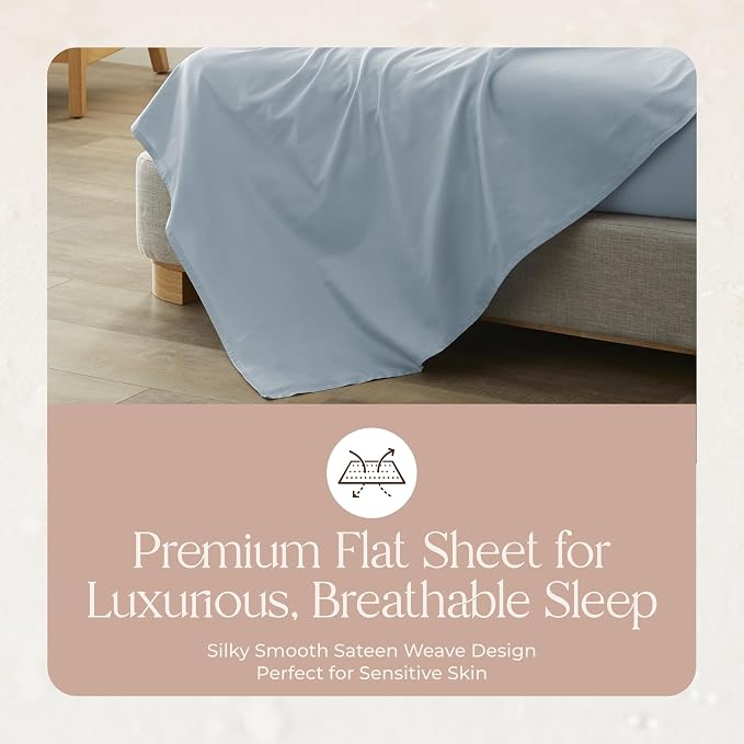 Certified Organic Queen Flat Sheet Only - 100% Organic Cotton Top Sheet with Luxurious Soft and Breathable 300 Thread Count Sateen Weave Finish - GOTS & Fairtrade Certified (Powder, Queen)