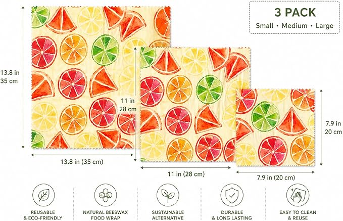 Beeswax Food Wraps – Reusable 3 Pack (Small, Medium, Large) – Eco Friendly Plastic Wrap Alternative – Organic Cotton Food Wrap