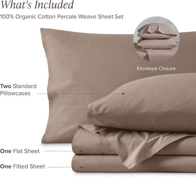 Bare Home 100% Organic Cotton Queen Sheet Set - Crisp Percale Weave - Lightweight & Breathable - Bedding Sheets & Pillowcases (Queen, Taupe)