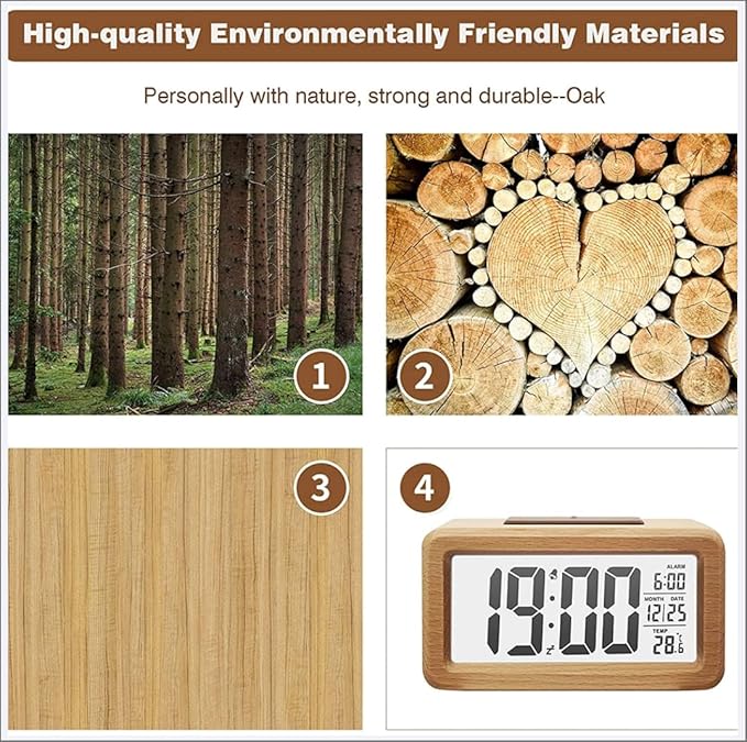 Alarm Clocks, Digital Alarm Clock Wooden Large LED, Smart Sensor Night Light with Snooze, Date, Temperature, 12/24Hr Switchable,Easy to Use,Solid Wood Shell, for Bedrooms and Travel