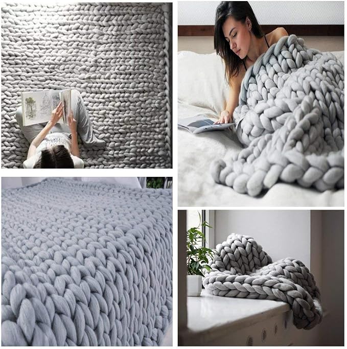 Chunky Knit Blanket Soft Handmade Knitting Throw for Bedroom Sofa Decor Super(Light Gray 47"x71")