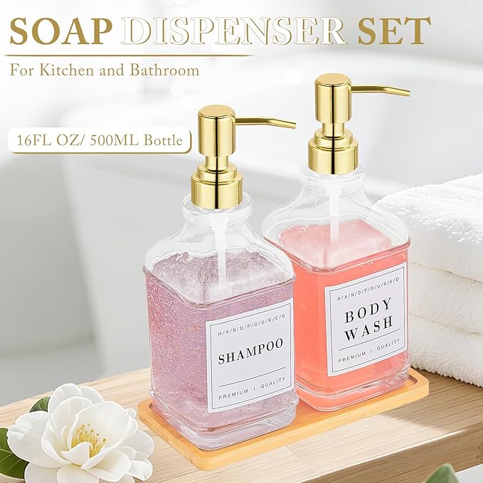 Glass Soap Dispenser with Pump,Tray,Funnel, Countertop Soap and Lotion Dispenser Set of 2 with 60 Stickers, Dish and Hand Soap Dispenser Bottle for Kitchen,Bathroom,Shower,500ml/16.9oz