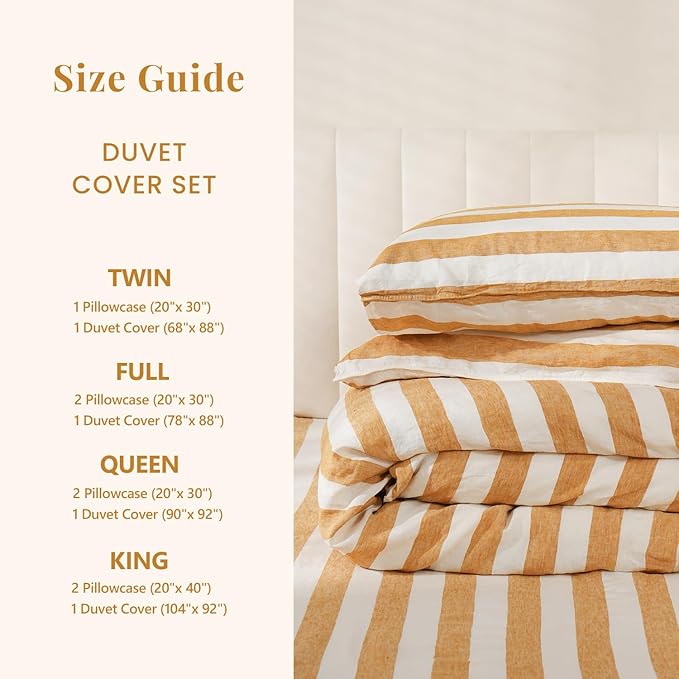 S VICTORY SYMBOL 100% Organic Linen Duvet Cover Set,Yellow Stripe Yarn Dyed Pattern Farmhouse Bedding Set,French Natural Flax Comforter Cover Set Full Size 3Pcs