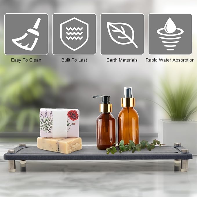 2PCS Water Absorbing Stone Trays, Diatomite Bathroom Counter Tray, Caddy Kitchen Sink Organizer Tray, Faucet Drying Mat Coaster Soap Dish Riser Dispenser Sponge Holder (Grey, 12'' x 4'')