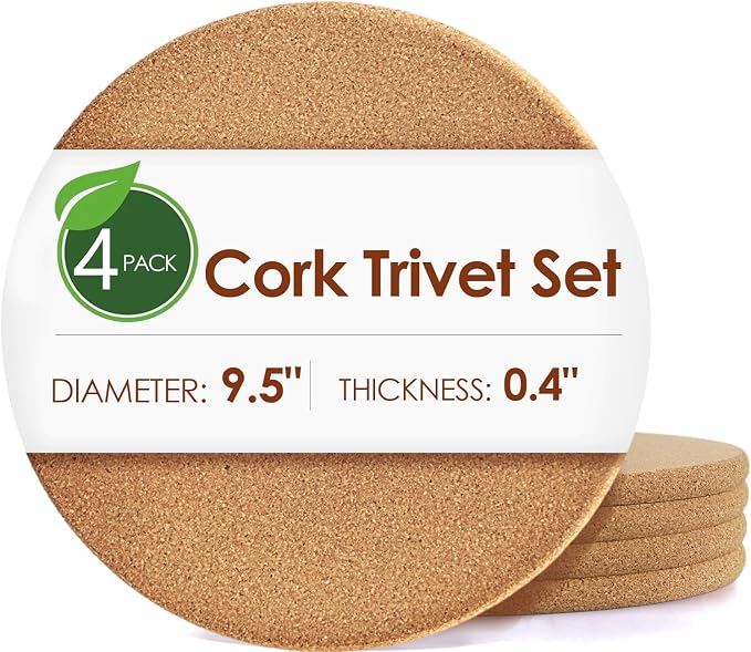 4 Pack Cork Trivets for Hot Dishes, 9.5" High-Density Thick Cork Trivets for Hot Pots and Pans, Heat Resistant Cork Hot Pads for Kitchen, Multifunctional Cork Coasters for Countertop Wooden Table