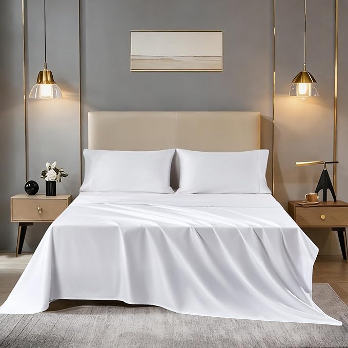 Sophia & William 1000 Thread Count Egyptian Cotton Sheets Full Size, 100 Percent Cotton Sheets Sateen Weave, 16" Deep Pockets, All-Season 4 Piece Silky Sheet - White