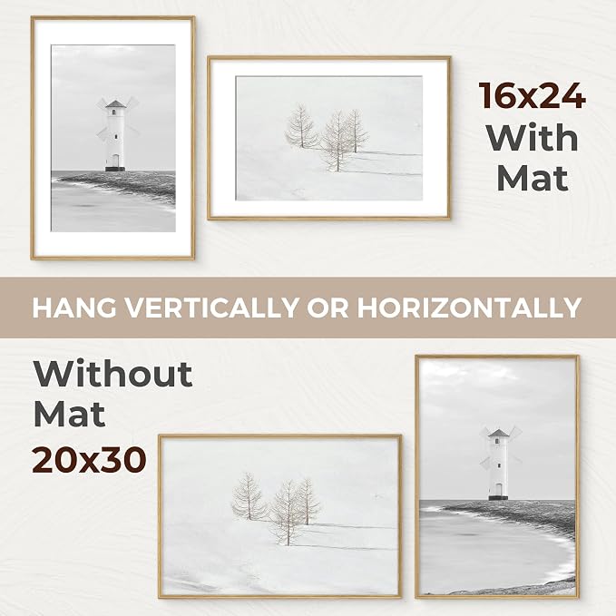 20x30 Picture Frame with Mat for 16x24, USA-Sourced Oak Wood Handcrafted Rounded Corner with HD Tempered Glass, 20 x 30 Gallery Wall Frames for Posters & Art Prints, Vertically or Horizontally