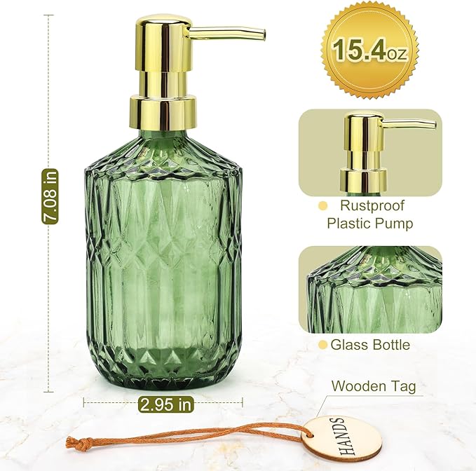 Green Glass Soap Dispenser (15.4 Oz, 2 Pack), Kitchen Hand and Dish Soap Dispenser Set with Golden Rust Proof Pump, Vintage Bathroom Hand Soap Lotion Dispensers