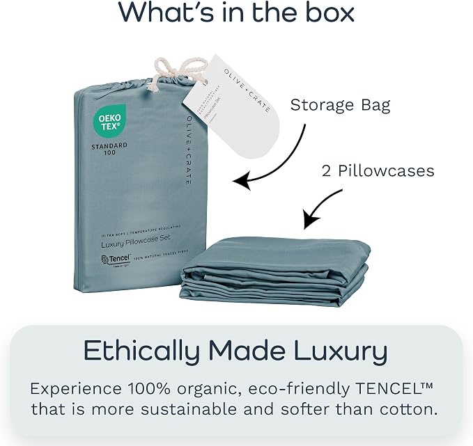 Olive + Crate Tencel Eucalyptus Pillowcases - 100% Tencel Lyocell Cooling Pillow Cases for Hot Sleepers - Hypoallergenic, Moisture-Wicking, Silk Alternative, Vegan - King Size Set of 2 [Basalt Blue]