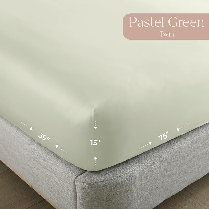 Organic Twin Fitted Sheet Only Deep Pocket - 100% Organic Cotton Sheets with Breathable 300 Thread Count Sateen Weave GOTS & Fairtrade Certified - Soft Fitted Bed Sheets Only (Pastel Green, Twin)