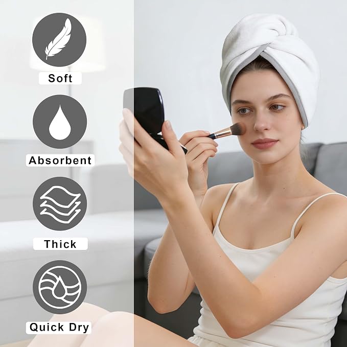 VOOVA & MOVAS Light Gray & White Microfiber Hair Towel, 2Pcs Button-Free Elastic Loop Hair Turban, Ultra Soft Quick Dry Hair Wrap, Highly Absorbent Anti Frizz Towel