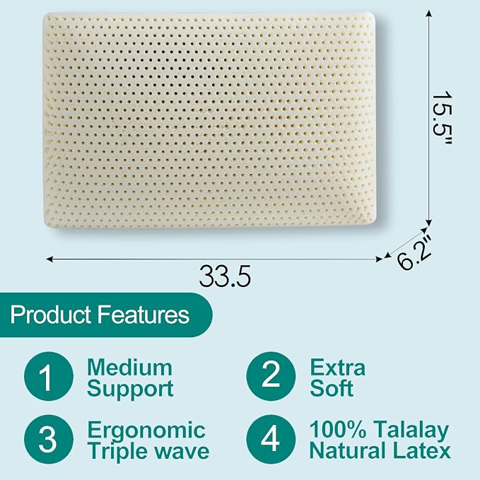 100% Natural Talalay Latex Pillow Sleeping Bed Pillows, Extra Soft Luxury Standard Pillow, Perfectly Aligns for Side/Back Pain, Stomach, Neck, Pressure Relief, Removable Cotton Cover (1, King)