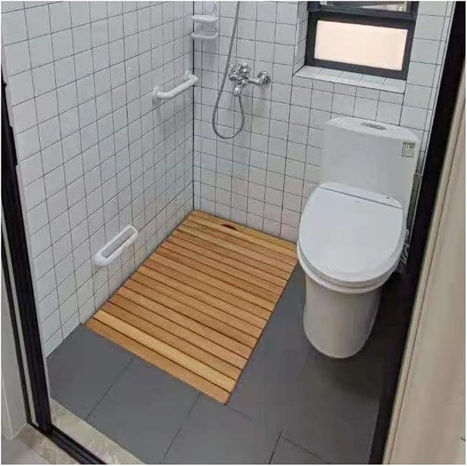 Natural Wooden Shower Mat,Bamboo Bath Mat,Wooden Stripe Bath Mat,Non-Slip Bathroom Board,Bathroom Accessories,Natural Environmental Friendly,Easy Storage,Customizable,75x80cm/30x31in