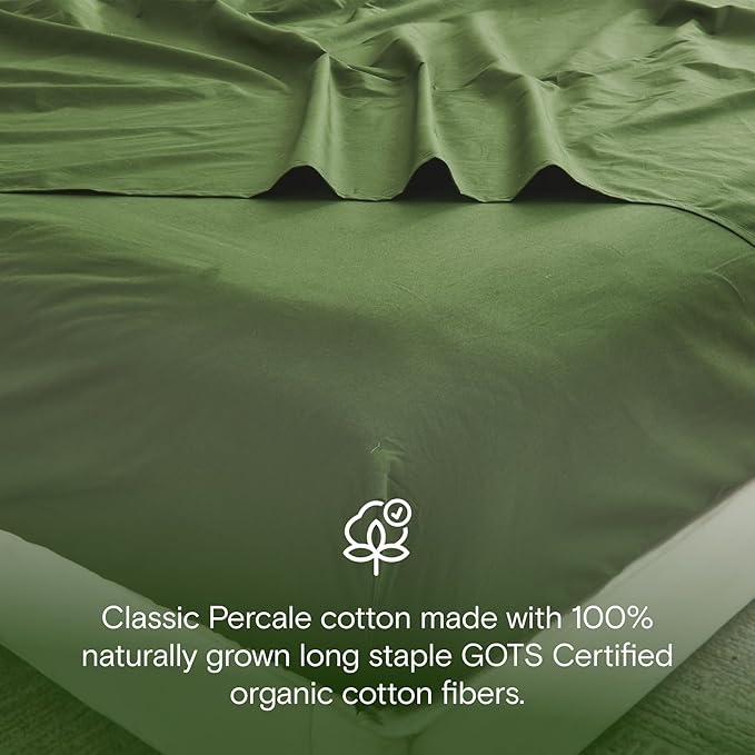 DOZ 100% GOTS Certified Organic Cotton Sheet Set, Crisp Percale Weave, Long Staple, Breathable, Matte Finish, Hotel Style, Durable, 3pc – 2 Pillowcases 1 Fitted (Forest, Cal King)
