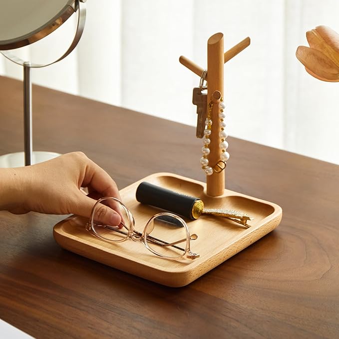 Solid Beech Wood Key Tray and Bowl for Entryway Table - Smooth Polished Branch-Shaped Organizer With Hooks for Keys, Wallet, Jewelry, Glasses (Beech, Square)