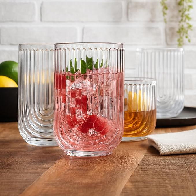 Glaver's 8-Piece Drinking Glass Set, Art Deco Ribbed Arch Glassware, Clear U-Shape Design, 17oz Highball and 11oz DOF Glasses Kitchen Glasses