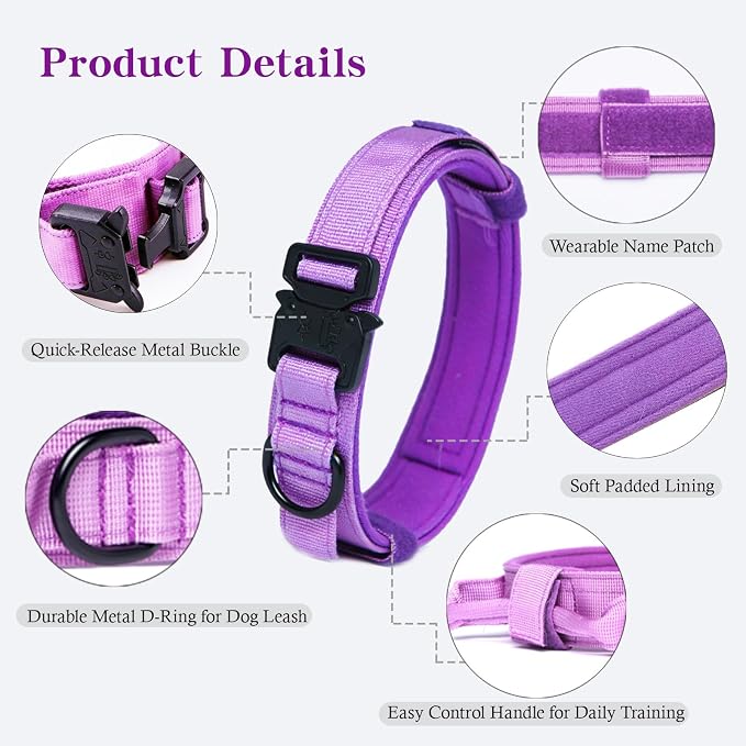 Tactical Dog Collar Adjustable Military Nylon Dog Collar with Control Handle and Heavy Duty Metal Buckle for Medium and Large Dogs (Purple,XXL)