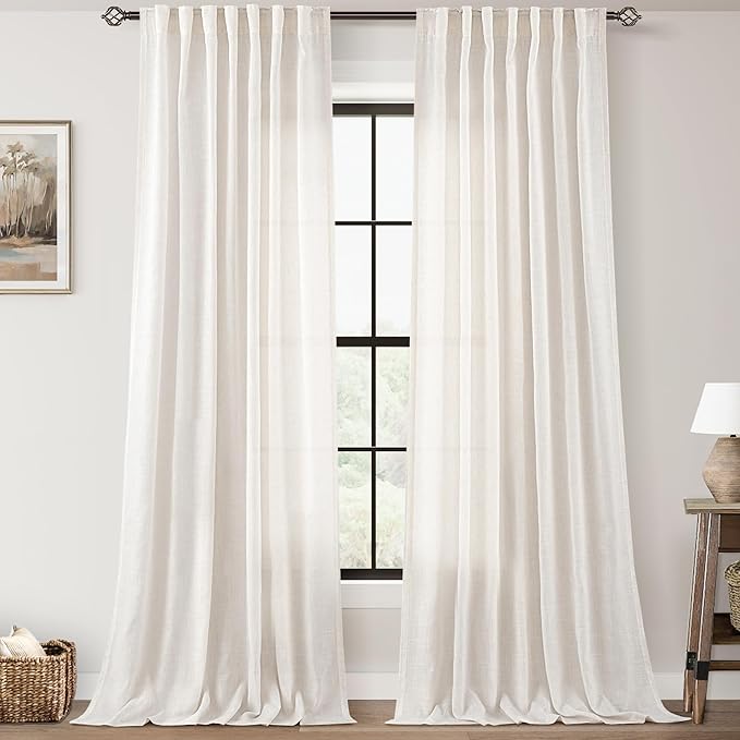 Cream Natural Linen Curtains 86 inch Length 2 Panels Set Neutral Rustic Farmhouse Living Room Drapes Back Tab Pleated Look Light Filtering Privacy Semi Sheer Curtains Ivory Colored