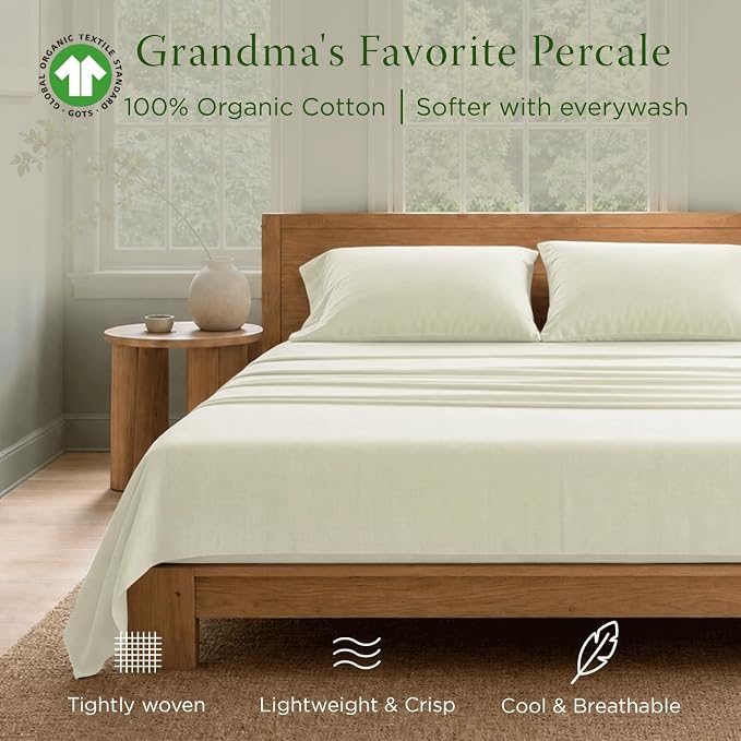 Threadmill 100% Organic Cotton Sheets - Queen, 4 Piece, Ivory - Certified by GOTS - Soft and Cooling Bedsheet Set with Reusable Bag, Snug Fit with 16" Deep Pocket - Ultra Light