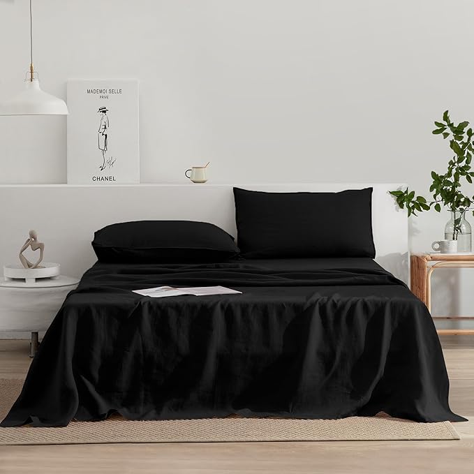 EVERLY Linen Sheets Set King Size,100% French Stonewash Pure Linen Bed Sheets,4Pieces (1Flat Sheet,1Fitted Sheet,2Pillowcase) Suitable for Hot Sleepers,Deep Pocket Natural Bedding Set-Black
