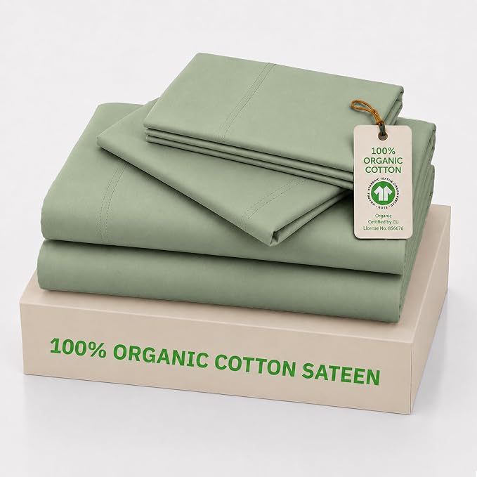 California Design Den King Size Sheets Set - 100% Organic Cotton Sheets King, Soft and Lightweight Sateen, Deep Pockets, Durable Bedding - Pale Green