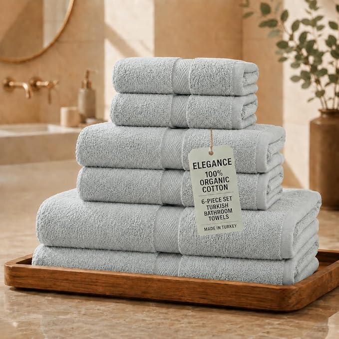 Maisonette Elegance 100% Organic Cotton Turkish Bathroom Towels Set, Ideal Quick Dry Luxury Washcloths, Hand & Large Luxury Bath Towels for Shower (6 Pack), Light Gray (Shore)