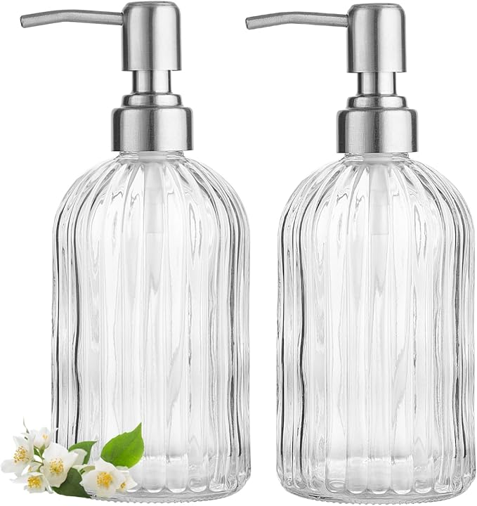 2 Pack Clear Glass Hand Soap Dispenser Set 18oz Bottle with Silver 304 Rustproof Stainless Steel Pump for Kitchen and Bathroom