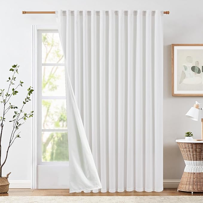 jinchan Extra Wide Sliding Door Curtain 84 Inch Length with Privacy Lining White Linen Lined Curtains for Patio Door Living Room Bedroom Home Office Light Filtering Drapes 100 Inches Wide 1 Panel