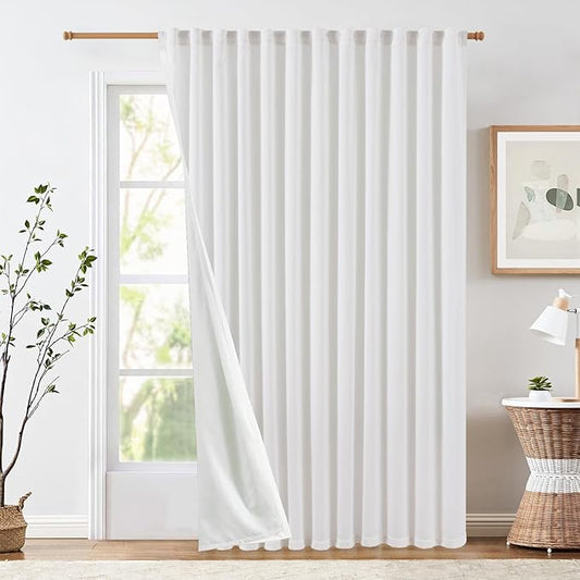 jinchan Extra Wide Sliding Door Curtain 84 Inch Length with Privacy Lining White Linen Lined Curtains for Patio Door Living Room Bedroom Home Office Light Filtering Drapes 100 Inches Wide 1 Panel