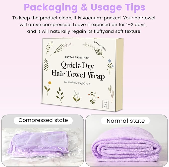 2 Pack Microfiber Hair Towel Wrap for Women, Large Fast Drying Hair Towel Turban, Ultra Thick Anti-Frizz, Double Stitched Edges & Stay in Place No Slip Design for Curly Long Wet Hair(Purple /Lavender)
