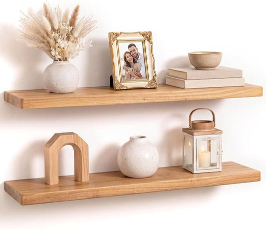 Fun Memories 32 Inch Floating Shelf, 8 Inch Deep Rounded Edge Reclaimed Elm Wood Wall Shelf with Hidden Bracket, Modern Wood Shelf for Kitchen, Bedroom & Office