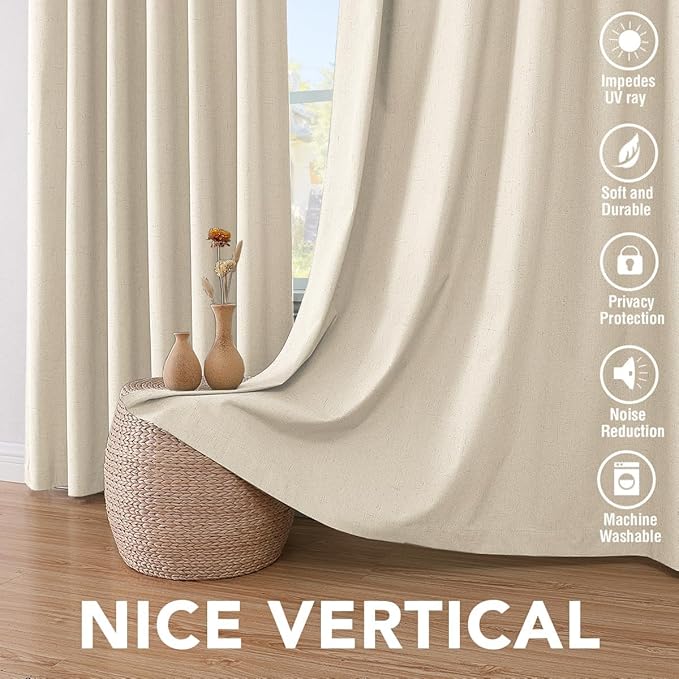 H.VERSAILTEX Blackout Curtains Linen Curtains 120 inches Long 100% Black Out Curtains for Bedroom Windows, Textured Linen Look Draperies Grommet with White Liner, 2 Panels, Bleached Sand