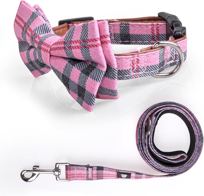 IVY&LANE Dog Collar with Bowtie and Leash Set | Plaid Adjustable Dog Collar | Detachable Bow Tie |5 FT Dog Leash | for Small Medium Large Dogs | Checkered Pink | Large