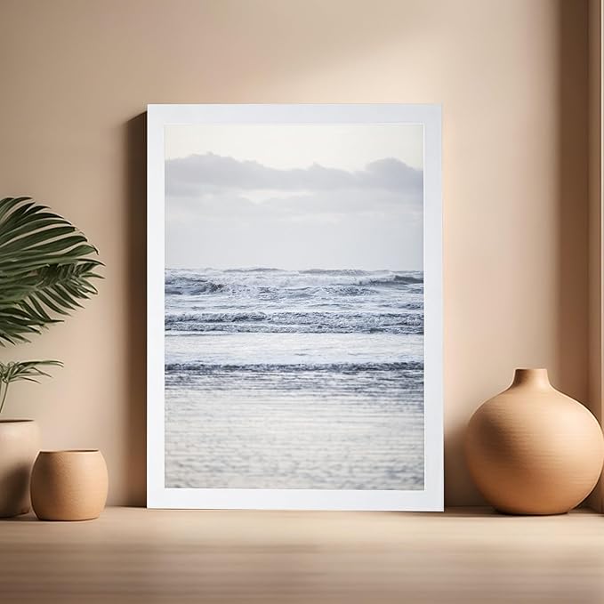 Monem Art Pastel Ocean Waves Seascape Photography Print - Minimalist Coastal Landscape Art Poster - Wall Decor for Living Room, Bedroom or Office - 16x20 White Framed Wall Art by Mareike Bohmer