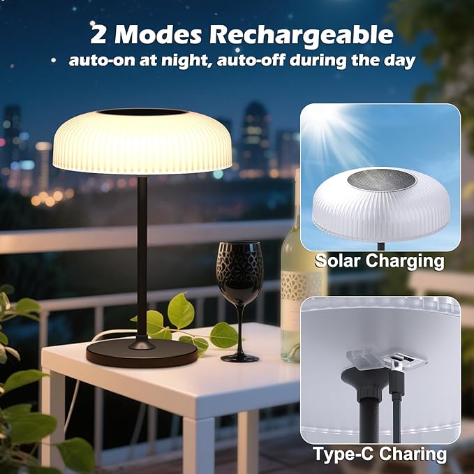 Solar Cordless Table Lamp, Portable Outdoor Mushroom Desk Lamp, 2 Mode Lighting Waterproof Gesture and Touch Lamp with USB Rechargeable for Bedroom, Shower, Yard, Hiking (1 Pces)