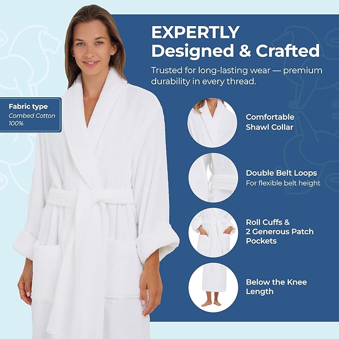 MONARCH Terry Shawl Collar Unisex Bathrobe – Thick Terrycloth Fabric, Generously Sized Hotel & Spa Robe with Pockets