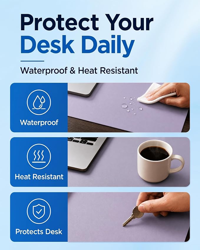 Aothia Dual-Sided Desk Mat, FSC Cork & PU Leather Desk Pad, Large Mouse Pad & Writing Surface for Compact Workspace, Non-Slip Waterproof Desk Protector - 25.6" x 13.7", Light Purple