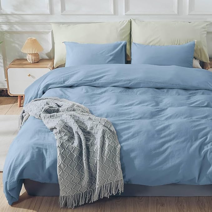 NEXHOME PRO Duvet Cover Set Kids Twin Size Linen Look Textured Organic Natural 100% Washed Cotton Duvet Cover Blue Bedding Set with Zipper Closure, Corner Ties, Breathable (No Comforter)