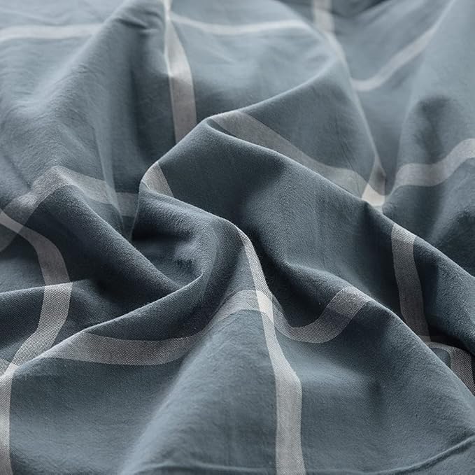 FACE TWO FACE Bedding Duvet Cover Set100% Washed Cotton Duvet Cover Linen Like Textured Breathable Durable Soft Comfy (Full, Grey Green Grid)