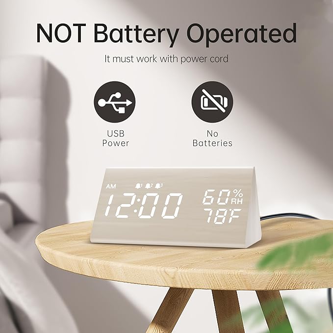 JALL Wooden Digital Alarm Clock for Bedroom, 3 Alarms with Large Numbers, Humidity and Temperature Display, 6-Level Dimmer, Snooze, Loud Desk Clock for Heavy Sleepers, Plug in (White)