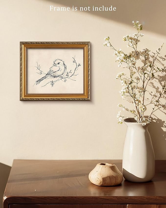 Vodefoad Vintage Sketch Bird Canvas Wall Art Minimalist Bird Sketch Art Prints Painting Retro Antique Nature Line Drawing Wall Picture Farmhouse Beige Decor for Gallary, Bedroom, Bathroom, Office, Desktop Decor - 8x10Inch Unframe