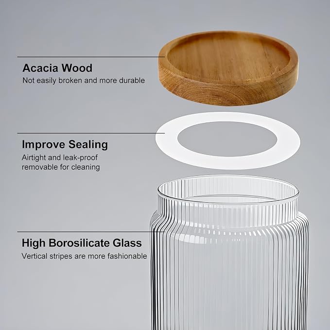 Glass Jars with Lids - Glass Storage Containers with Airtight Wood Lids - SpiceJjars - Kitchen Canisters for Tea,Coffee,Sugar,Spaghetti,Cereal,Flour