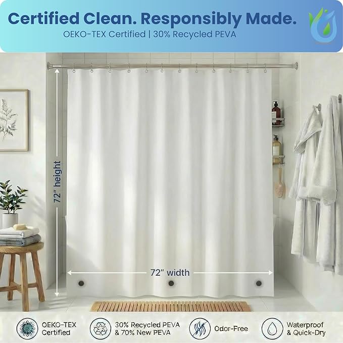 SUSTAINAURA® Premium White PEVA Shower Curtain Liner 72x72 – Waterproof, Quick Dry, Odor Free, Eco Friendly, Non-Toxic with 3 Weighted Magnets & 12 Rustproof Grommets Bathroom Accessories