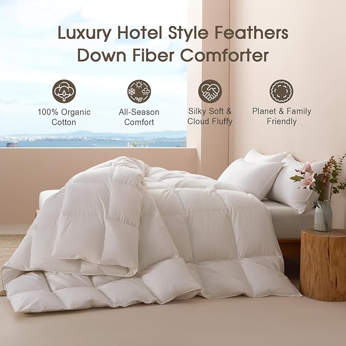 Cobnom® Feather and Down Fibres Comforter Oversized Queen - 100% Organic Cotton, Quill-Free & Ethical, Luxury All Season Duvet Insert (White, 98x98 Inches)